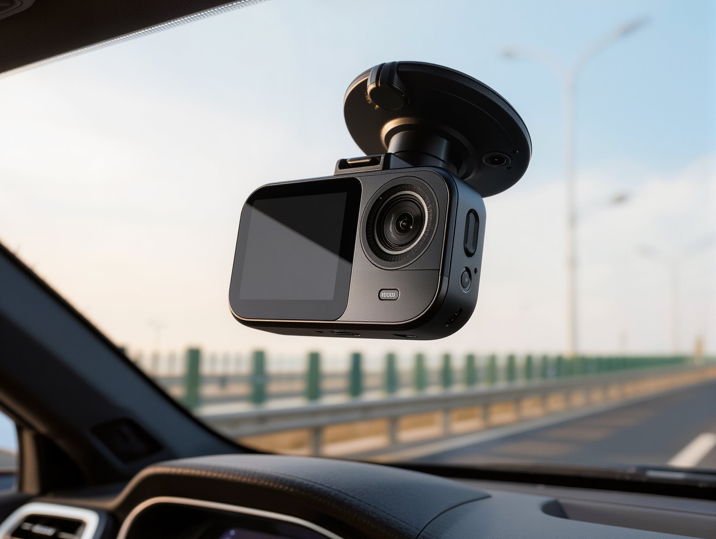 Dashcam gemonteerd op de voorruit van een bestelauto