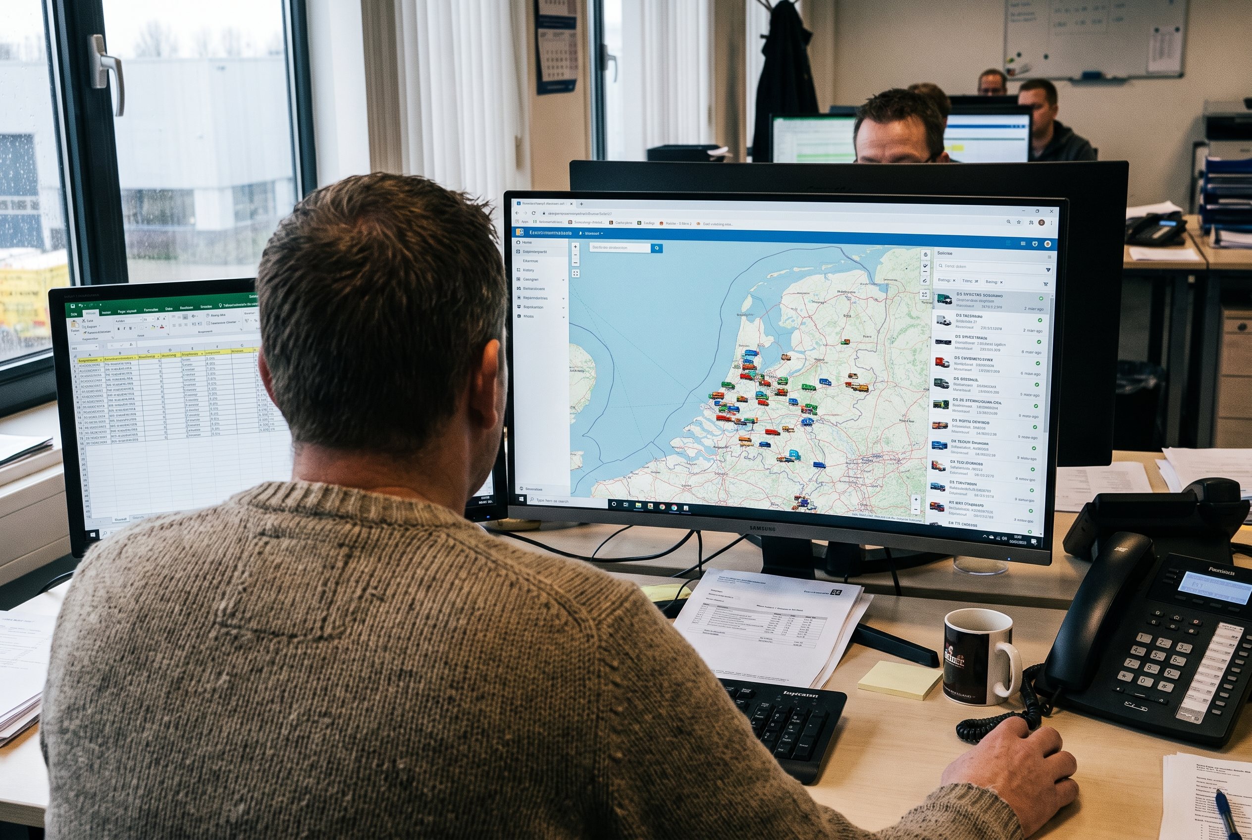 Wagenparkbeheerder volgt voertuigen live op meerdere schermen in het dashboard