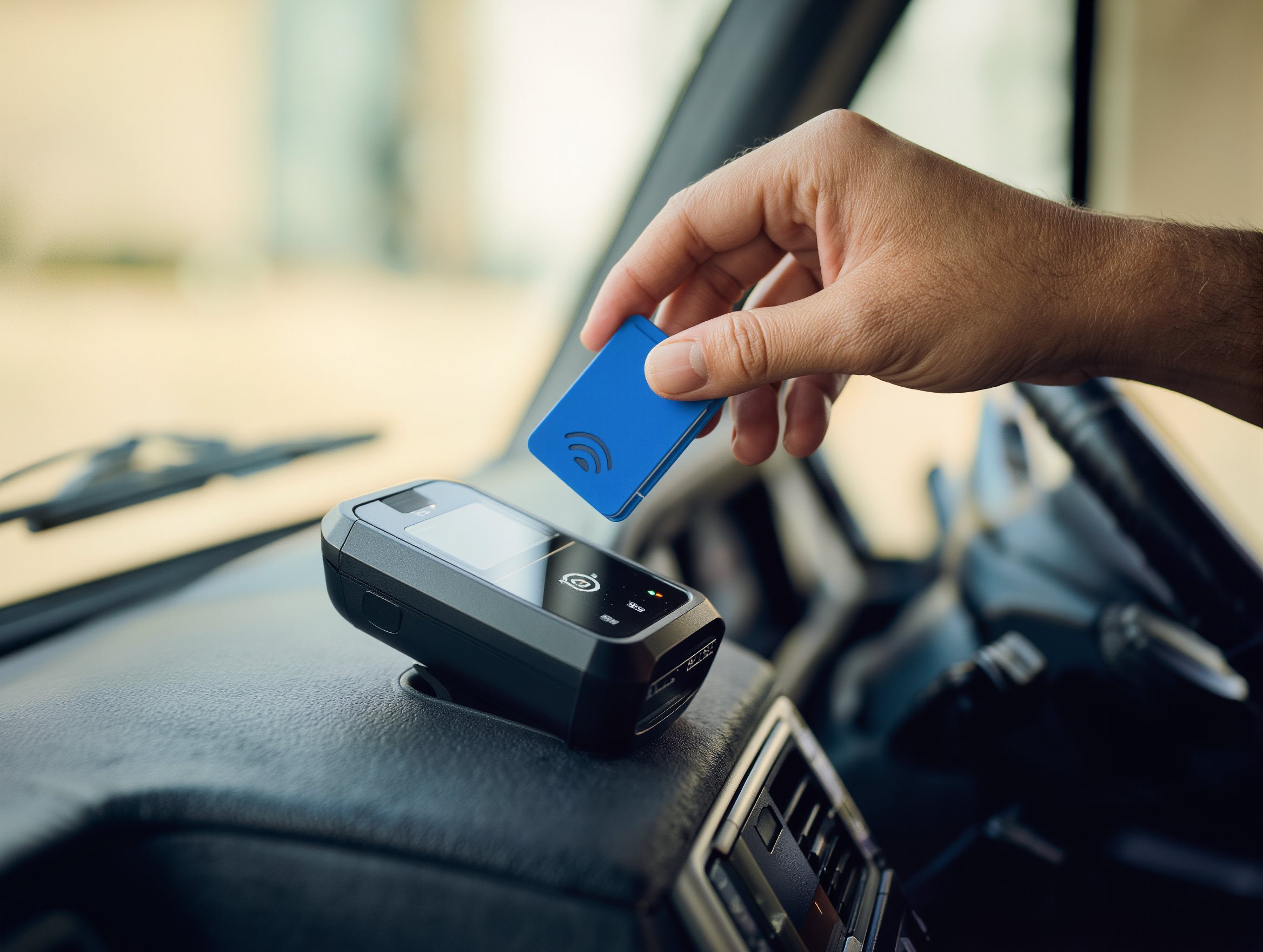 Chauffeur houdt een RFID-tag bij de lezer op het dashboard voor bestuurdersherkenning